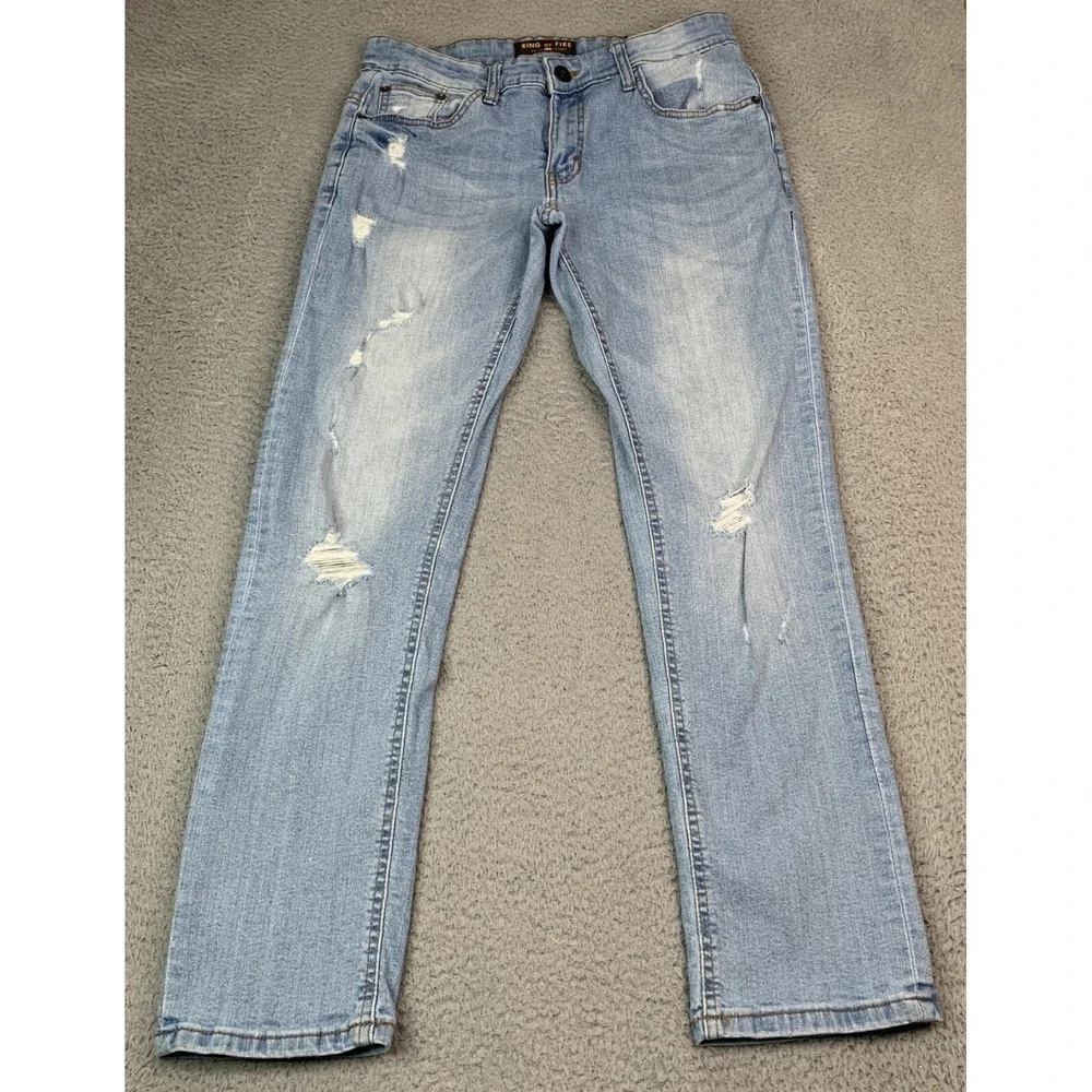 Ring of Fire Jeans Mens Size 30 Slim Fit Factory Distressed Light Wash